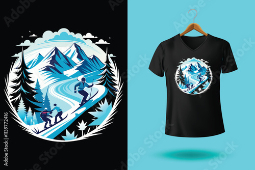 Set of Winter sport athlete silhouettes. Ski jumping, downhill, slalom, skiing emblems. Print design for t-shirt. Sport club emblems.