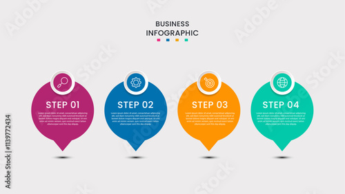 Business infographic template. 4-Step timeline journey. Process diagram, 4 options on white background, Info graph elements vector illustration.