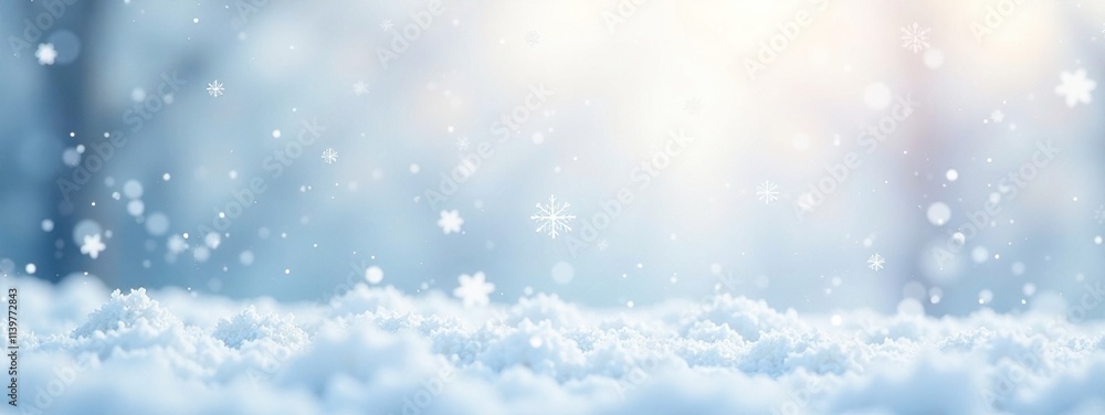 Snowflakes gently falling on a pristine white background, frosty, serene Snowflakes gently falling on a pristine white background, frosty, serene