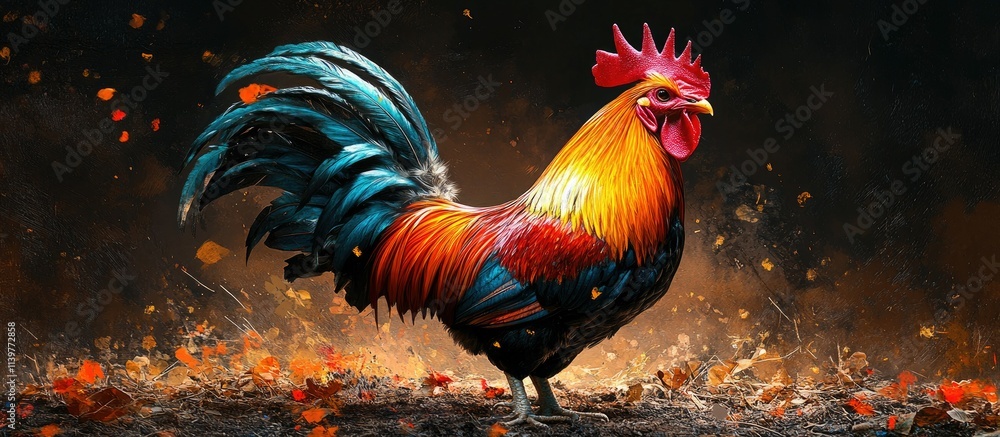 Fototapeta premium Majestic Rooster in Autumnal Blaze: A Vibrant Portrait
