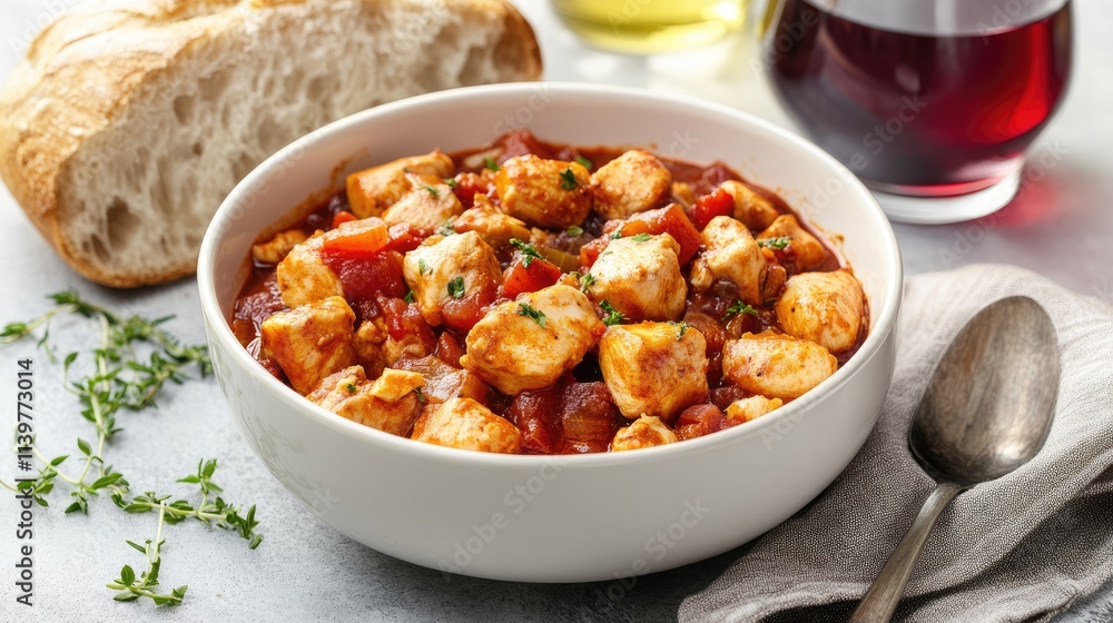 Delicious Chicken Stew with Vegetables and Herbs in White Bowl Delicious Chicken Stew with Vegetables and Herbs in White Bowl