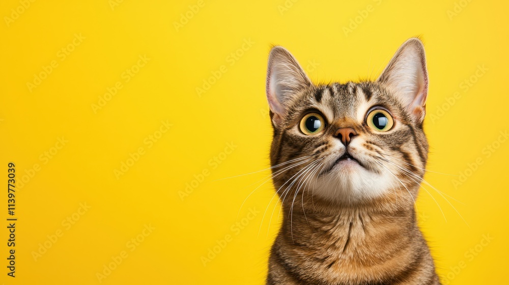 Curious tabby cat looking up against bright yellow background with playful expression Curious tabby cat looking up against bright yellow background with playful expression