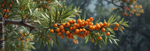 Sea Buckthorn Berry Branch with Fresh Berries, nature, greenery, sea buckthorn berries
