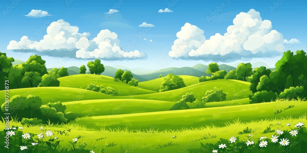 Fototapeta premium Sunny meadow with shadows of trees and distant hills