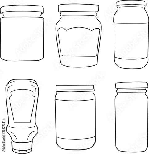 Vector illustration of an engraving style set of different sauces in saucepans and bottles. Ketchup, yogurt, sour cream, mayonnaise, mustard, tar tare sauce, vassabi - Food illustration, Vector set