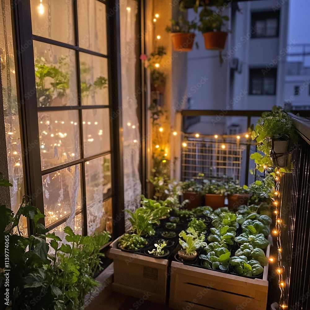 A small vegetable patch on an apartment balcony, shot at twilight, fairy lights creating a cozy ambiance. A small vegetable patch on an apartment balcony, shot at twilight, fairy lights creating a cozy ambiance.