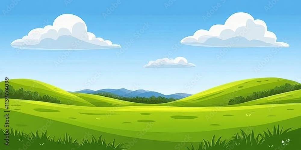 Sunny meadow with shadows of trees and distant hills Sunny meadow with shadows of trees and distant hills