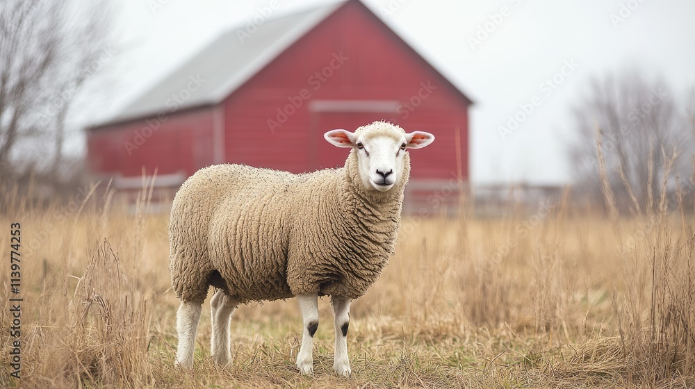 A Sheep in a Field, Peaceful Farm Scene A Sheep in a Field, Peaceful Farm Scene