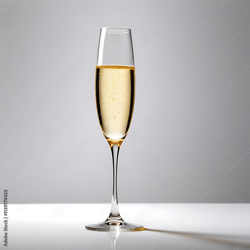 A single champagne flute with a soft golden liquid inside, on a reflective white surface. A single champagne flute with a soft golden liquid inside, on a reflective white surface.