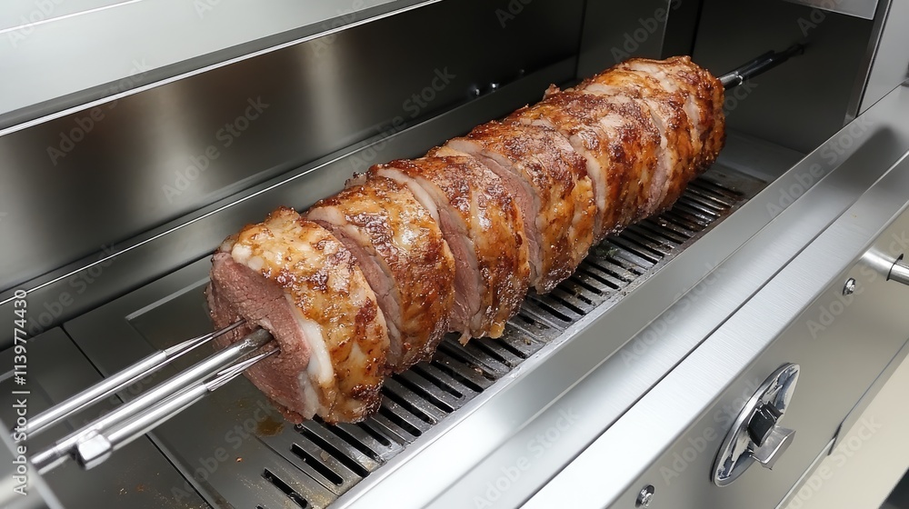Juicy Rotisserie Meat Cooking on a Modern Grill With Silver Design Juicy Rotisserie Meat Cooking on a Modern Grill With Silver Design