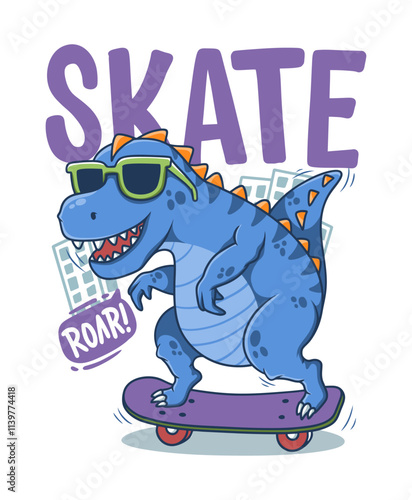 Dinosaur Ride Skateboard Hand Drawn Vector Illustration Design