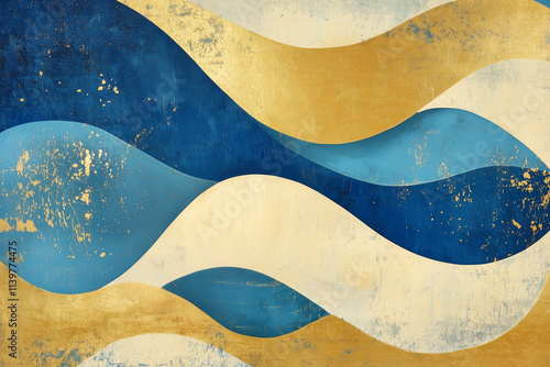 Blue, beige and gold background texture. Abstract poster with geometric shapes, mid-century style, 50s, Design element, Abstract backgrounds