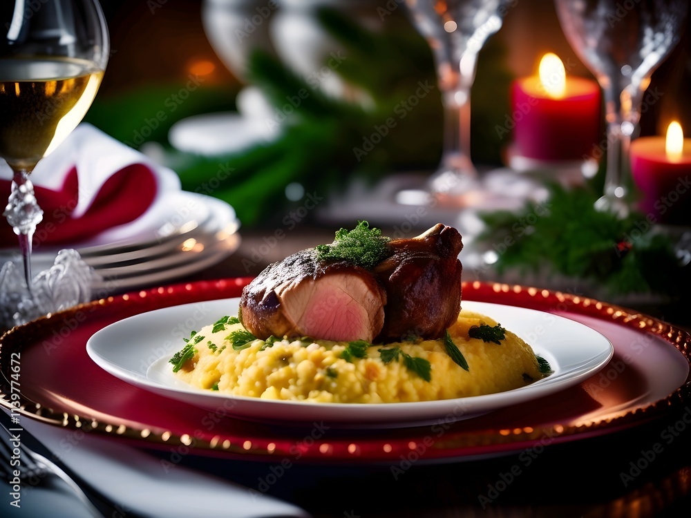 Veal Shank Ossobuco with Saffron Risotto and Gremolata on Winter Holiday Table. Ai Veal Shank Ossobuco with Saffron Risotto and Gremolata on Winter Holiday Table. Ai