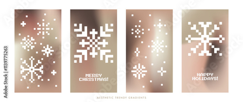 Winter season mocha mousse color vertical vector background set. Brown ombre gradient background with falling snow. Y2k soft blurry bg. Christmas modern digital art for poster, social media post