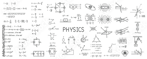 Physics and math symbols. Geometric icons and formulas of important science technology theories. Vector illustration for background.