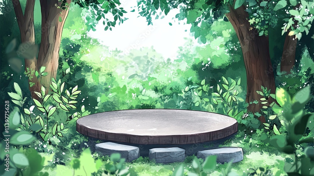 A circular stone platform sits in the middle of a lush, green forest. The platform is surrounded by leafy green plants and a few rocks. A circular stone platform sits in the middle of a lush, green forest. The platform is surrounded by leafy green plants and a few rocks.