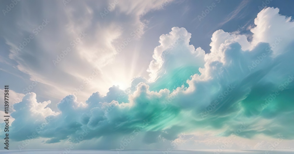 Obraz premium Iridescent clouds of blue and green dance across a serene white background , peaceful ambiance, pastel colors