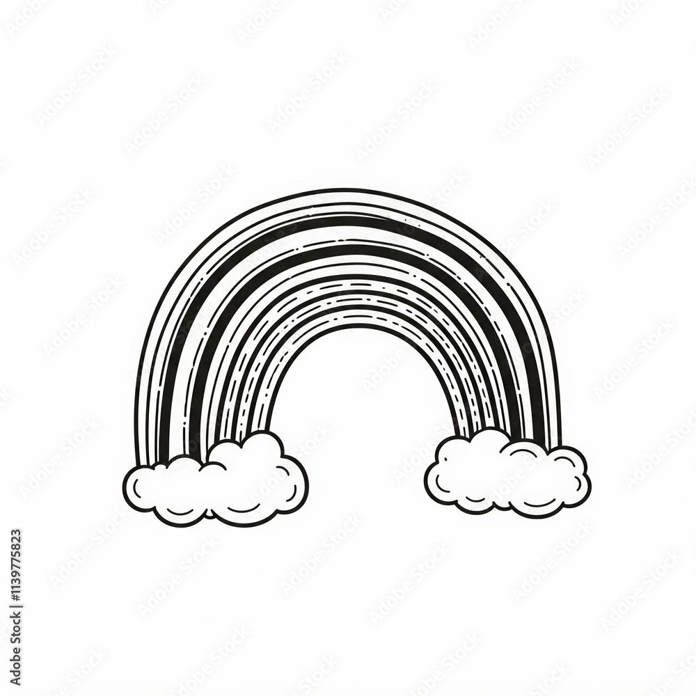 A rainbow drawn with black lines. Black-and-white illustration. A rainbow drawn with black lines. Black-and-white illustration.
