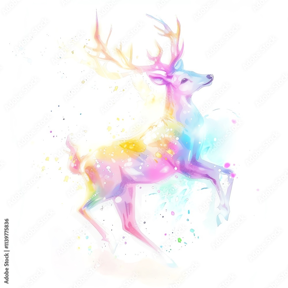 Obraz premium a dancing rainbow deer, magical creature, watercolor art, soft hues, isolated on white background