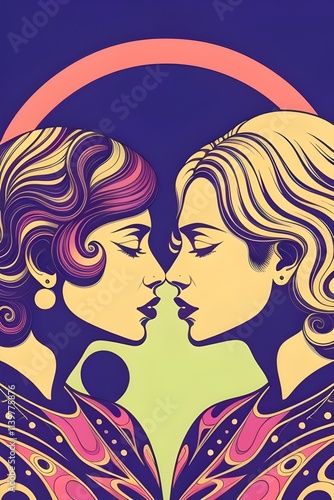 lesbian couple in love kissing, illustration, married, dating, gay, lgbtq, pride, females, woman, women, passion, passionate, romance, intimacy, affection, relationship, equality, diversity,