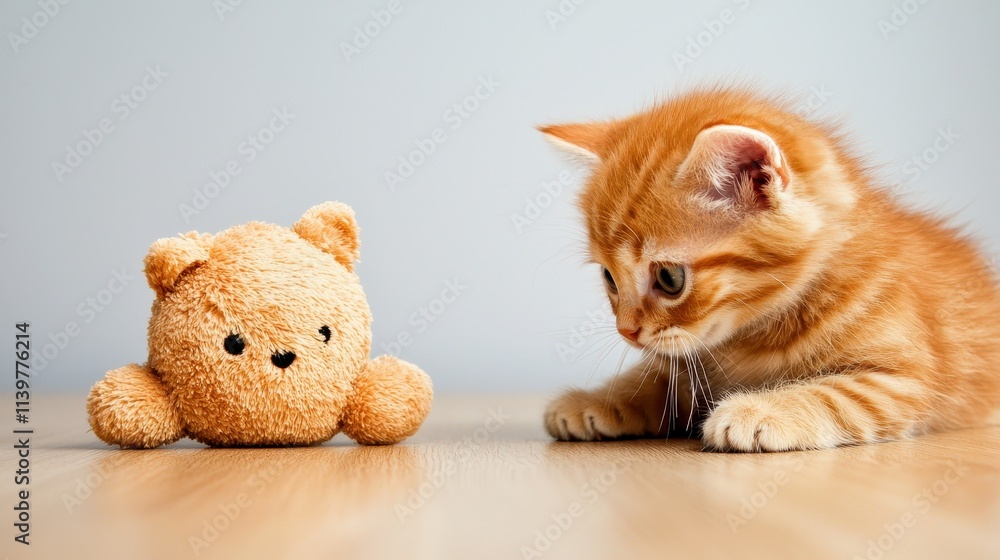 Fototapeta premium Curious orange kitten interacting with soft toy bear on wooden surface background