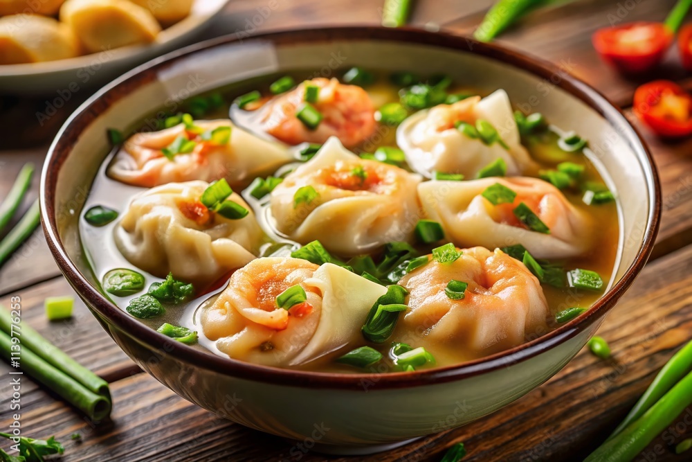Savory Wonton Soup with Shrimp and Green Onions in Clear Broth - Delicious Asian Cuisine, Comfort Food, Fresh Ingredients, Bokeh Effect, Culinary Delight, Food Photography Savory Wonton Soup with Shrimp and Green Onions in Clear Broth - Delicious Asian Cuisine, Comfort Food, Fresh Ingredients, Bokeh Effect, Culinary Delight, Food Photography