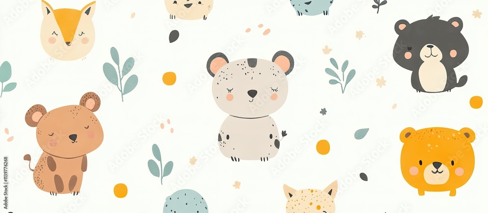 Obraz premium Adorable Cartoon Animals Seamless Pattern: Cute Baby Animals Illustration