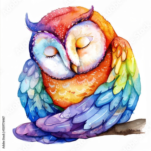 a sleeping rainbow owl, adorable animal, watercolor art, soft hues, isolated on white background