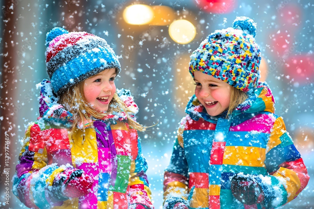 Two girls in winter coats stand in softly falling snow
Two girls in winter coats stand in softly falling snow