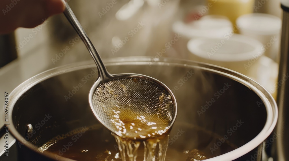 Steam Rising from Pot as Liquid is Strained with Metal Ladle Steam Rising from Pot as Liquid is Strained with Metal Ladle