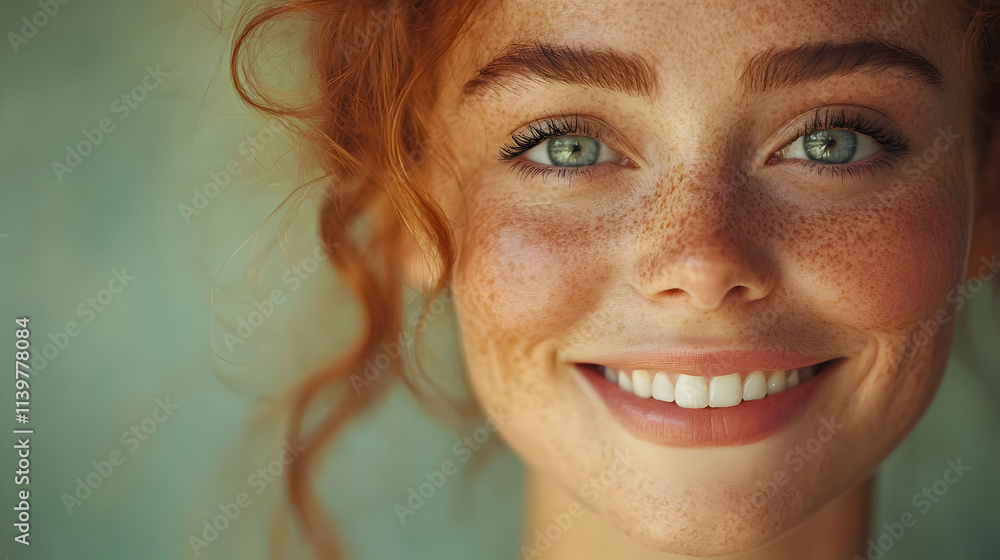 Close-up Realistic Portrait of a Smiling Woman with Freckles and Red Hair Close-up Realistic Portrait of a Smiling Woman with Freckles and Red Hair