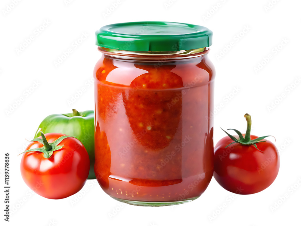 Glass jar of tomato sauce with green lid, surrounded by ripe red tomatoes and fresh parsley, isolated on transparent background. Glass jar of tomato sauce with green lid, surrounded by ripe red tomatoes and fresh parsley, isolated on transparent background.
