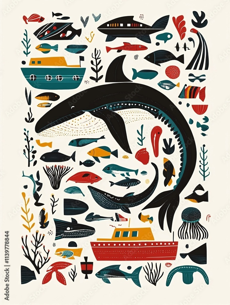 Fototapeta premium Sea animal watercolor pattern Illustration background.