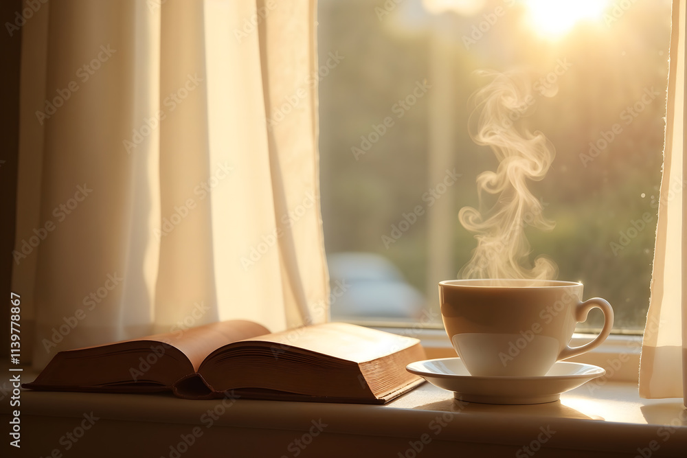 Sunlit Morning Coffee and Open Book by Window with Sheer Curtains Sunlit Morning Coffee and Open Book by Window with Sheer Curtains