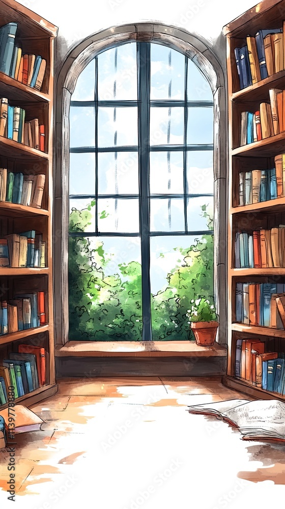 A cozy library room with large arched window overlooking lush greenery and a small potted plant on the window sill. A cozy library room with large arched window overlooking lush greenery and a small potted plant on the window sill.