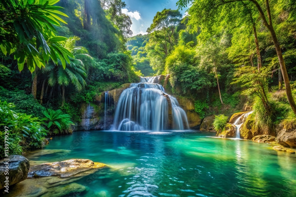 Serene Jungle Waterfall Into Crystal Clear Pool Amid Lush Greenery – Tranquil Nature Scene for Relaxation and Beauty Serene Jungle Waterfall Into Crystal Clear Pool Amid Lush Greenery – Tranquil Nature Scene for Relaxation and Beauty