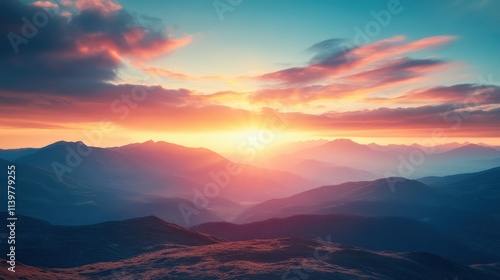 Majestic Mountain Sunset with Vibrant Sky and Silhouetted Peaks