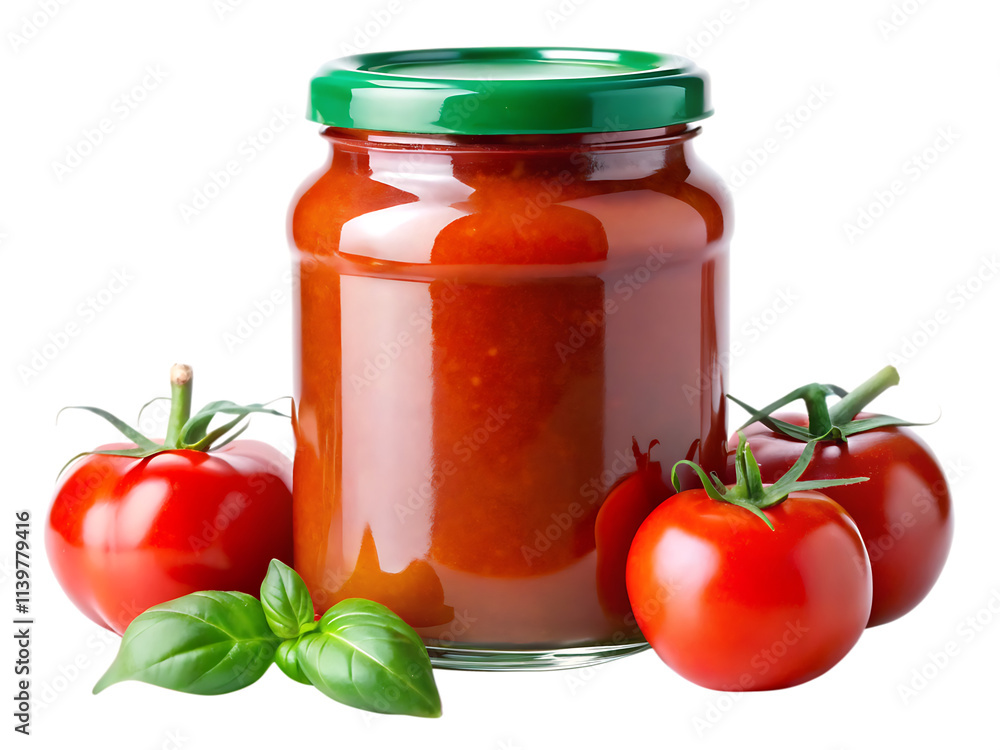 Glass jar of tomato sauce with green lid, surrounded by ripe red tomatoes and fresh parsley, isolated on transparent background. Glass jar of tomato sauce with green lid, surrounded by ripe red tomatoes and fresh parsley, isolated on transparent background.