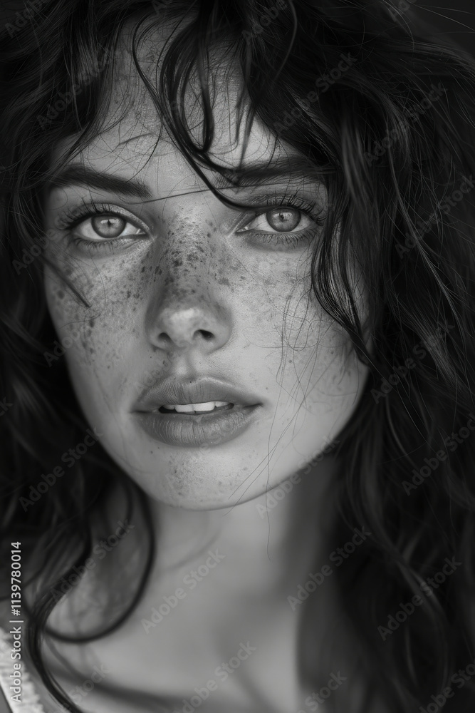 A striking black and white portrait of a freckled woman captures her allure and mystery, emphasizing her facial features and deep gaze which evokes emotion and artistic intent. A striking black and white portrait of a freckled woman captures her allure and mystery, emphasizing her facial features and deep gaze which evokes emotion and artistic intent.
