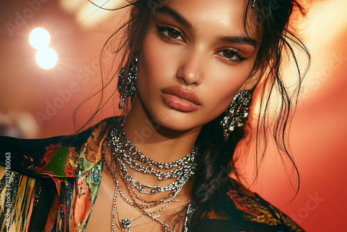 A glamorous young woman adorned with stunning jewelry and a stylish outfit radiates confidence and sophistication against a vibrant backdrop, perfect for high-fashion imagery.