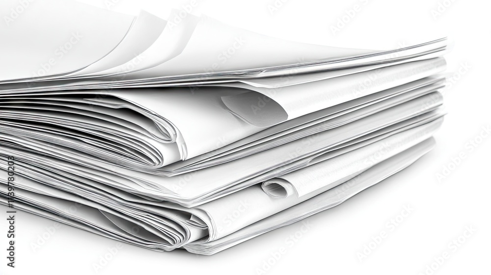 Stacked Sheets of Crisp White Paper at an Angle with Soft Shadows Stacked Sheets of Crisp White Paper at an Angle with Soft Shadows