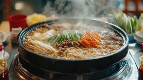 Hot and Steaming Noodle Soup with Fresh Vegetables and Meat