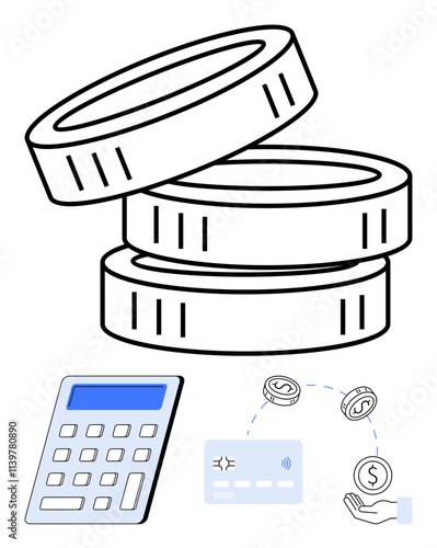 Stacked coins next to calculator, credit card, and money transfer icons. Ideal for financial apps, budgeting tools, accounting software, business presentations, educational content, investment