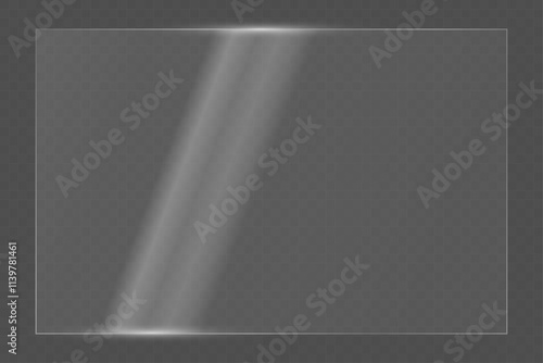 The texture of rectangle glass with glare from sunlight. Light effect for a picture, frame or a window. Realistic reflection on a transparent glass.