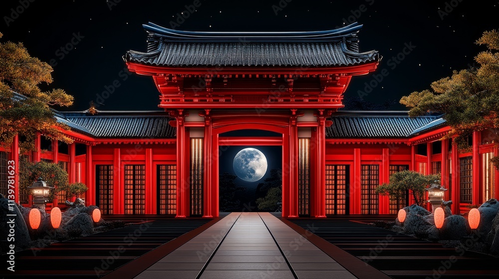 Traditional Japanese-inspired scenery featuring vibrant red structures, cherry blossoms, and moonlit landscapes symbolizing tranquility and culture