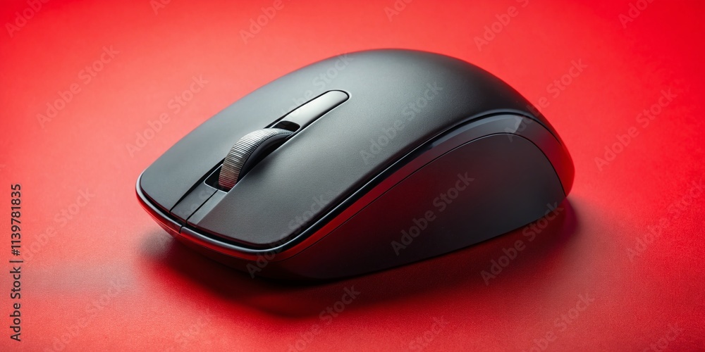 Sleek black wireless mouse on a bright red surface, embodying modern technology and minimalist design, perfect for office accessories, ergonomic gadgets, and enhancing productivity in creative workspa Sleek black wireless mouse on a bright red surface, embodying modern technology and minimalist design, perfect for office accessories, ergonomic gadgets, and enhancing productivity in creative workspa