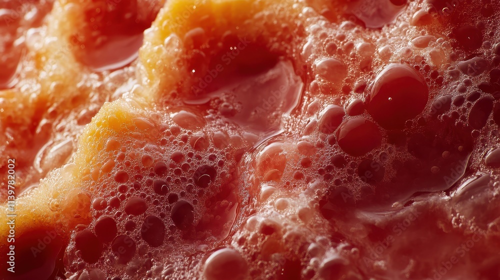 Close-up of bubbly, red liquid, possibly juice. Ideal for food, beverage, or texture backgrounds. Close-up of bubbly, red liquid, possibly juice. Ideal for food, beverage, or texture backgrounds.