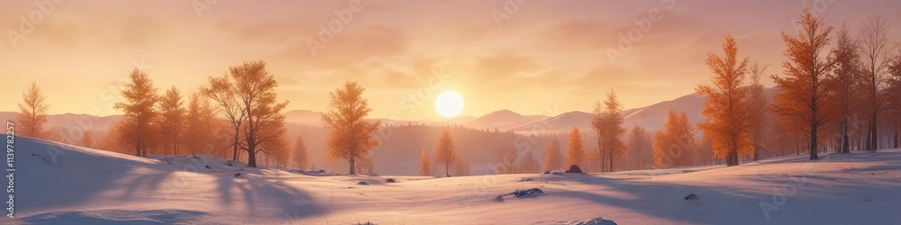 Frozen hills and trees under a pale orange sky with long shadows cast by the sun and moon , frosty trees, pale orange sky, long shadows Frozen hills and trees under a pale orange sky with long shadows cast by the sun and moon , frosty trees, pale orange sky, long shadows