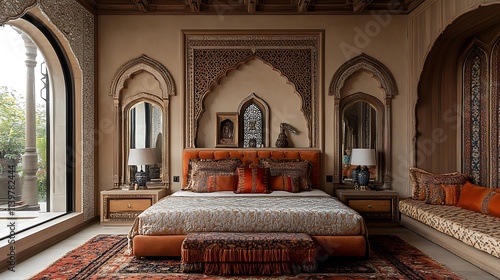 Mughal-inspired living room with marble inlays, intricate tile patterns, and richly detailed furniture photo