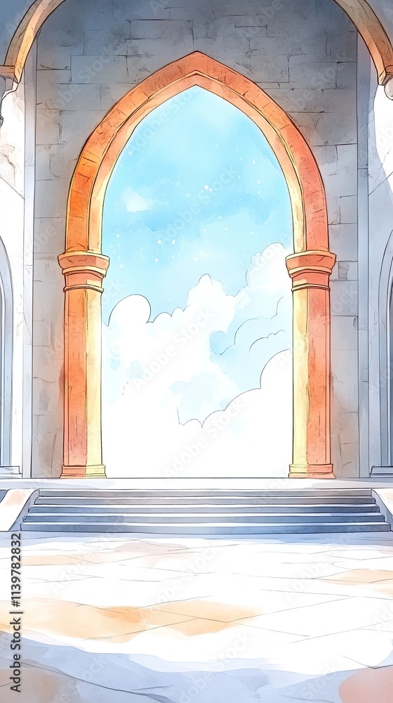 Fototapeta premium A grand stone archway leads to a bright sky and clouds.